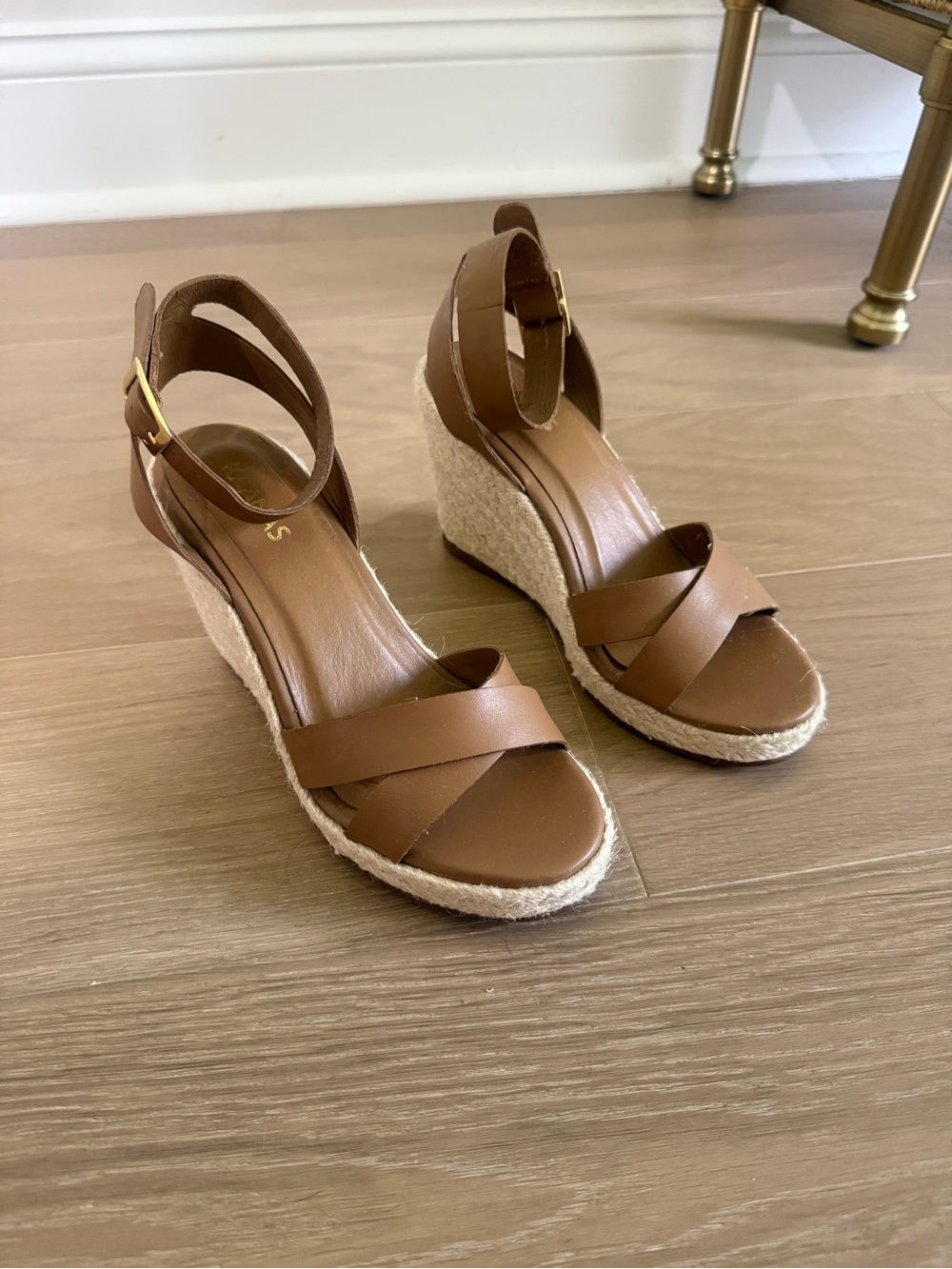 Kaanas Tan Leather Espadrille Ankle-Strap Wedge Sandals